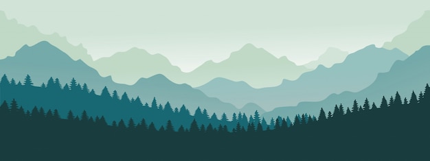 Vector mountains panorama. forest mountain range landscape, blue mountains n twilight, camping nature landscape silhouette  illustration. forest range landscape, panorama silhouette hill