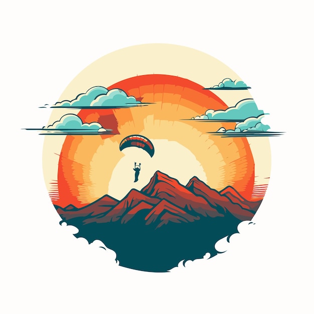 Vector mountains and paraglider vector illustration in retro style