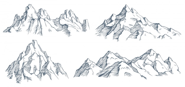 Горы на вершине гравюры. Старинные гравированные эскиз долины с горным ландшафтом и старых лесных деревьев. иллюстрация