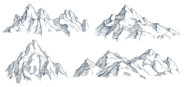 山のピークの彫刻。山の風景と古い森の木が谷のヴィンテージの刻まれたスケッチ。図