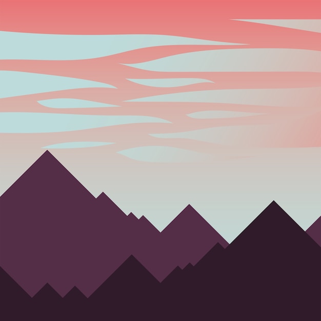 Vector mountains and pink sky with clouds design, landscape nature environment and outdoor theme