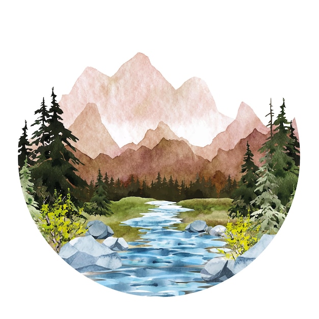 Vector mountains river landscape logo