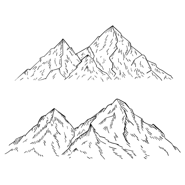 Montagne e picchi rocciosi in stile schizzo. paesaggio di montagna. disegno inciso. disegnato a mano