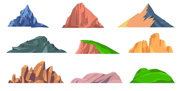 Collezione di icone piatto di montagne rocce