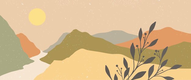 Vector mountains sand desert sun hot weather banner flat illustration with mountain road and plant leaf silhouette landscape horizon ecological nature