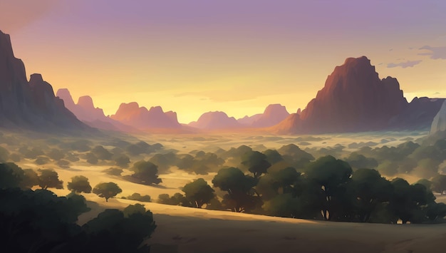Vector mountains scenery during sunset or sunrise detailed hand drawn painting illustration