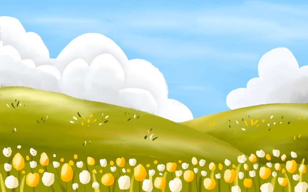 Vector mountains scenery landscape with flower garden background illustration