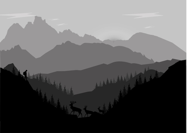 Mountains silhouette with tourist trees and deer