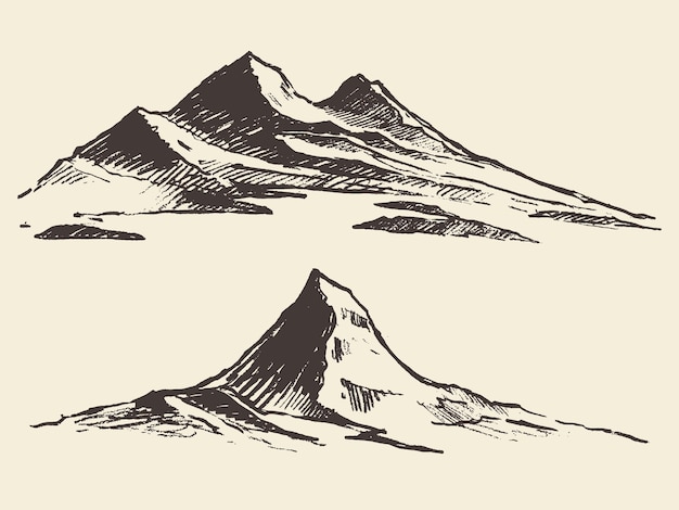 Mountains sketch, engraving style, hand drawn vector illustration