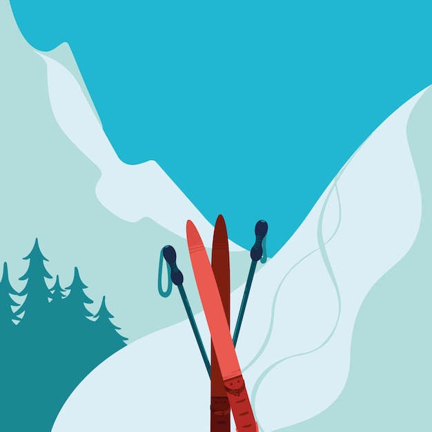 Mountains and ski equipment illustration