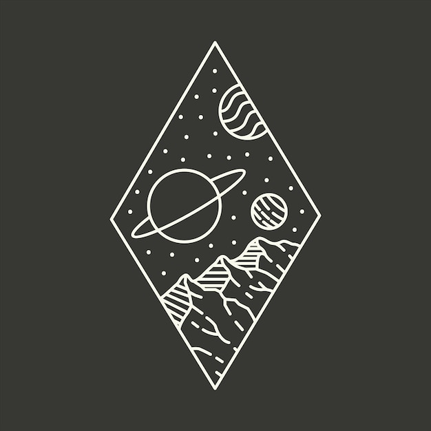 Mountains in Space with Planet Background Diamond Badge Frame Illustration for Apparel Design
