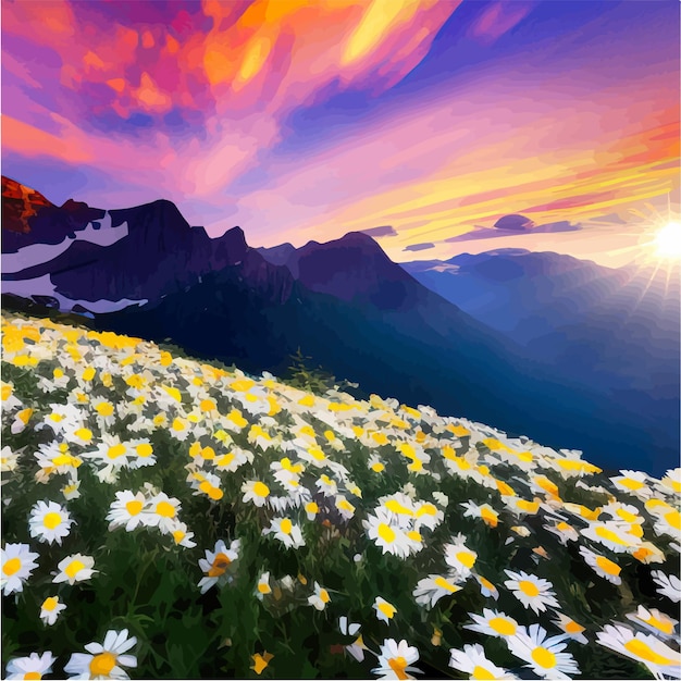 Vector mountains spring landscape mountain green valley with a field of daisies hills against the sunset