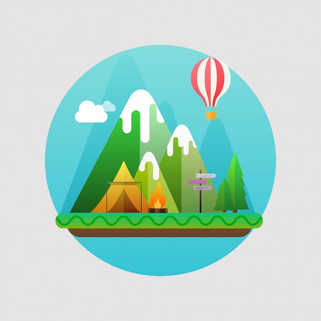 Mountains summer landscape. Concept with flat camping travel icons illustration.