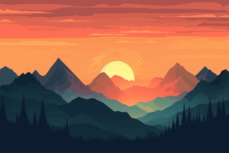 Vector mountains at sunset