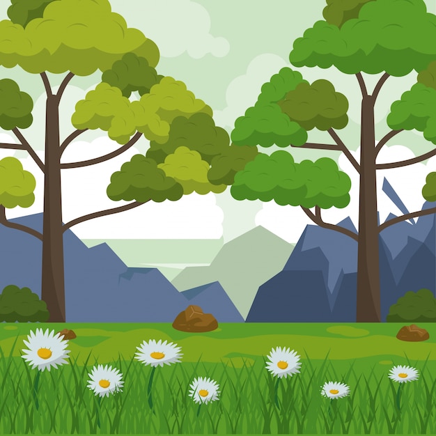 mountains trees and field with daisy flowers 