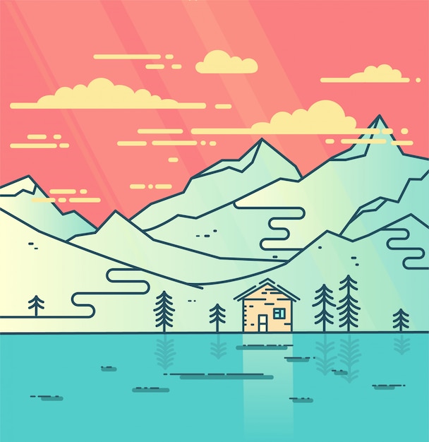 Mountains, water and cloudy sky flat illustration.