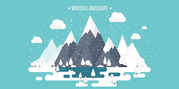 Горы зимой на пике со снегом природа пейзаж векторная иллюстрация в плоском стиле Рождество