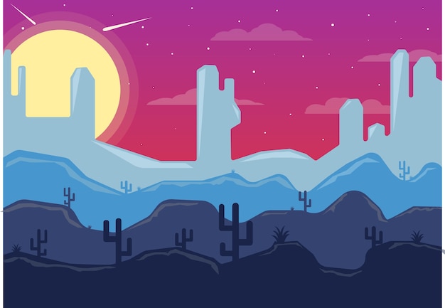 Vector mountains with cactuses and tumbleweed.