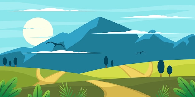 Vector mountains with green field and trees