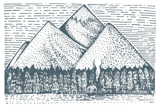 Горы с домом и лесом выгравировали вручную векторную иллюстрацию в винтажном рисунке в стиле гравюры на доске