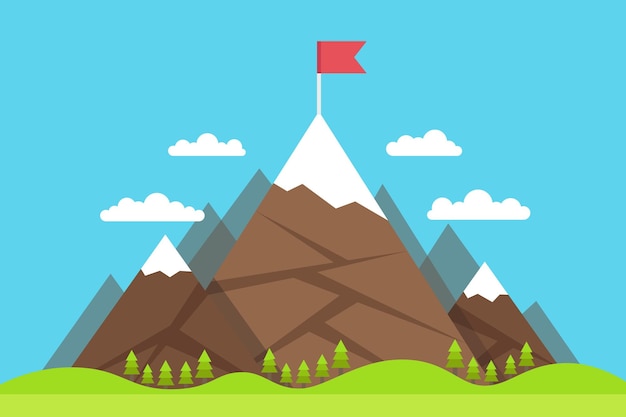 Vector mountains with red flag on the top concept of business vector illustrationxa