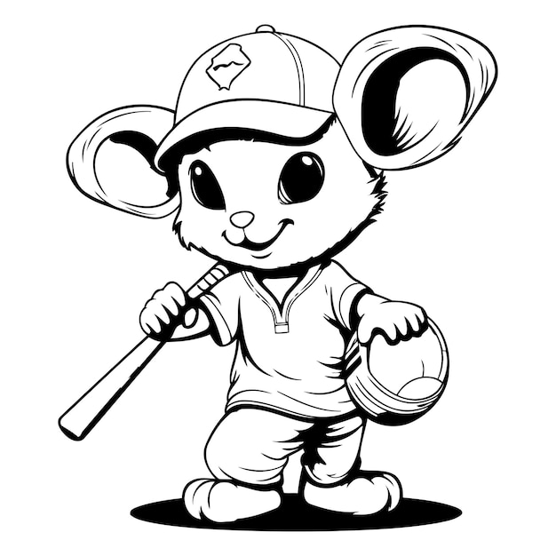 Mouse Baseball Mascot Black and White Vector Illustration