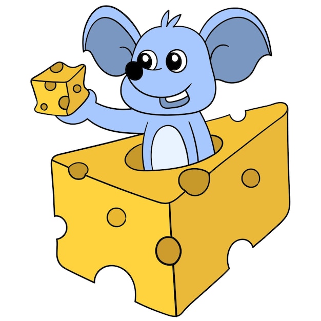 The mouse beast is enjoying a large slice of cheese, vector illustration art. doodle icon image kawaii.