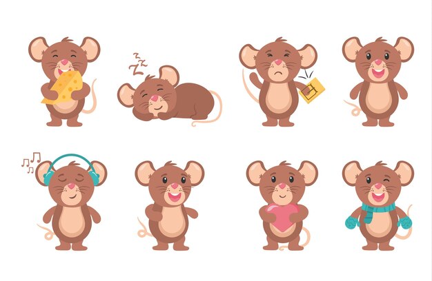 Topo cartone animato animale piccolo roditore adorabile felice allegro mascotte ratto con cibo topi carattere