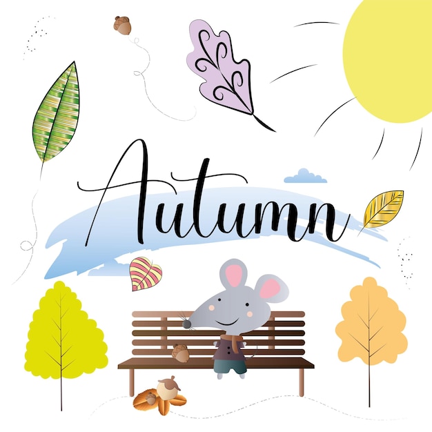 Mouse cartoon on a bench Autumn season Vector