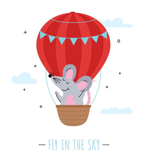 Mouse character flying in a air balloon isolated.