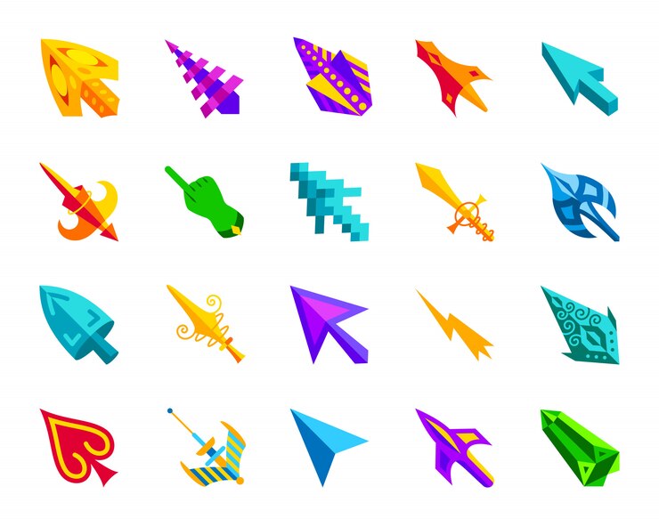 Vector mouse cursor, click arrow flat icons set, cartoon colorful pointer sign for games.
