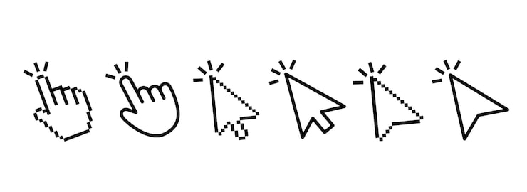 Vector mouse cursor and pointer pixelated icon set collection of retro 8bit style pixelated hand pointers arrows and click icons for user interface ui and web design