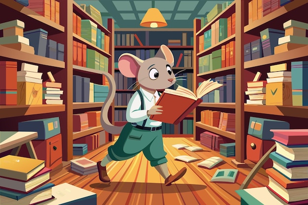 A mouse exploring a library of oversized books