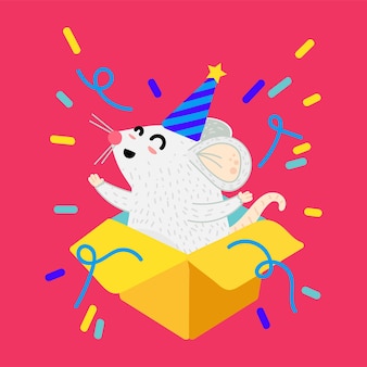 Mouse nell'illustrazione di vettore del fumetto del contenitore di regalo. cartolina di natale divertente ratto. simbolo dell'anno 2020