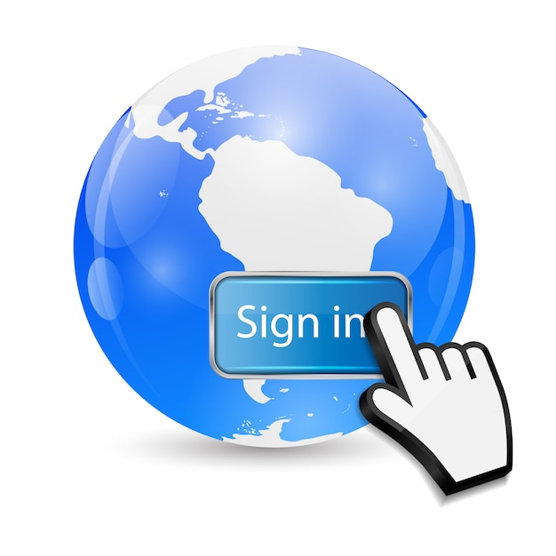 Mouse hand cursor on sign in button and globe