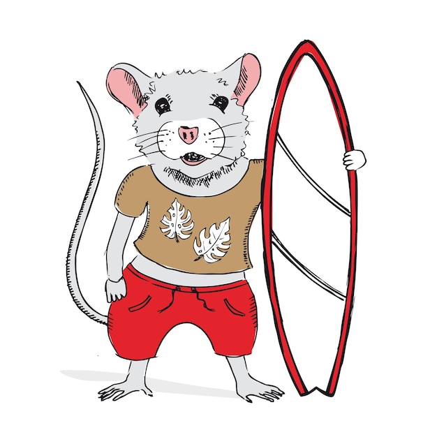 Мышь держит доску для серфинга рисованной иллюстрации новогодняя открытка