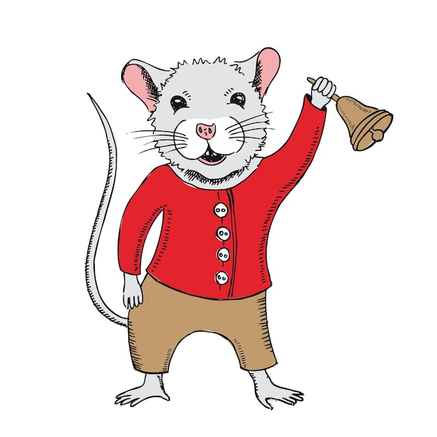 Mouse holds a school bell hand drawn illustrations