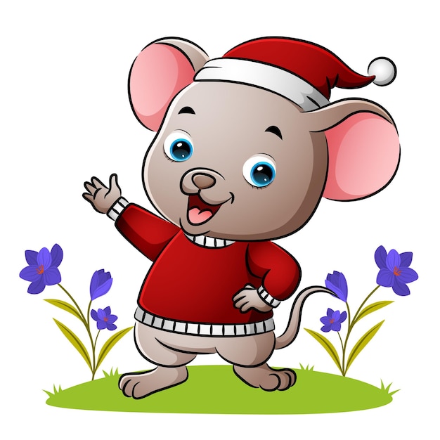 The mouse is wearing the sweater and santa hat of illustration