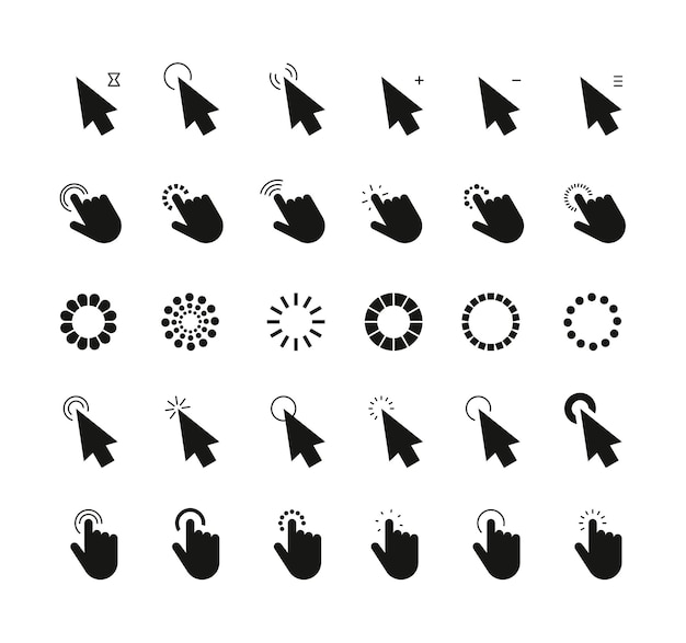 Vector mouse pointer cursor icons computer black clicking arrows and hands cursors icon web loading symbol pressing action interface elements vector set