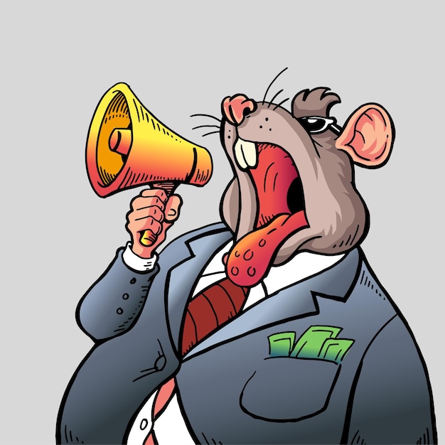 A mouse politician announces a lie over a loudspeaker