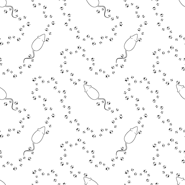 Mouse rat paw prints minimalistic seamless pattern Black and white vector illustration