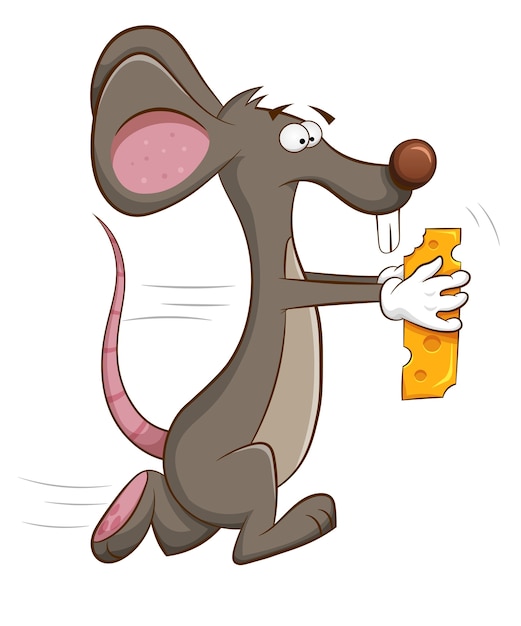 Mouse runs off with piece of cheese in his hands.