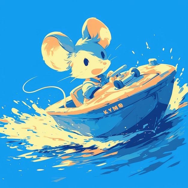 Vector a mouse steering a toy boat in a pond cartoon style