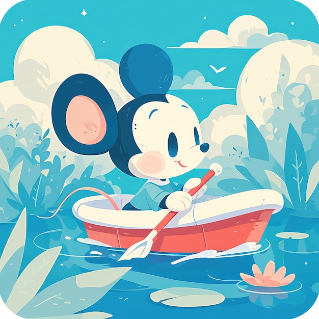 A mouse steering a toy boat in a pond cartoon style