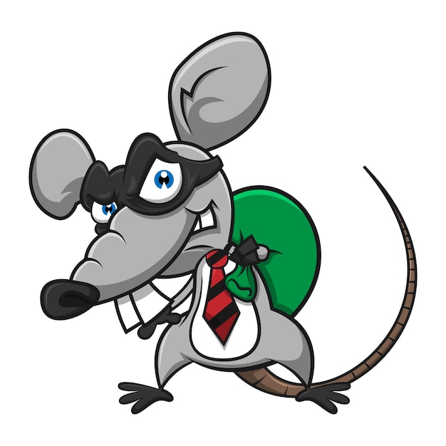 Vector mouse using mask as a thief, stealing money on the sac cartoon