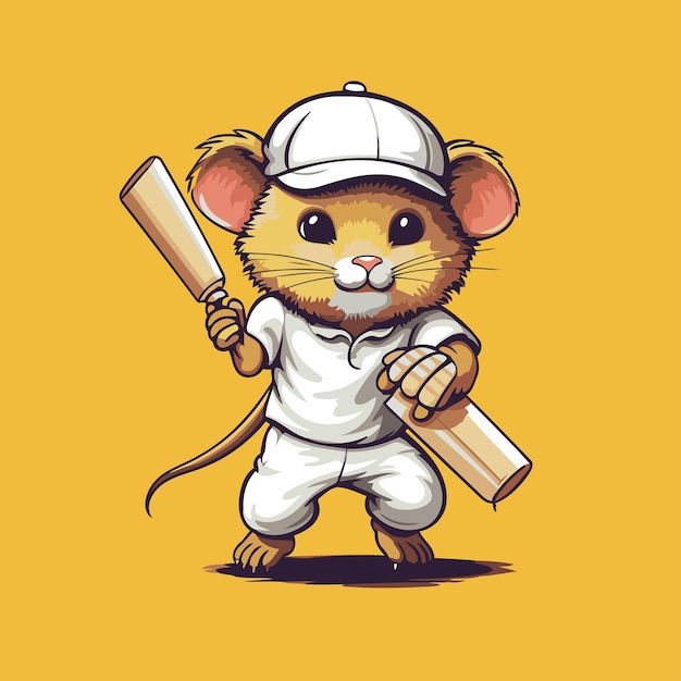 Mouse with baseball bat and baseball cap cute cartoon vector illustration