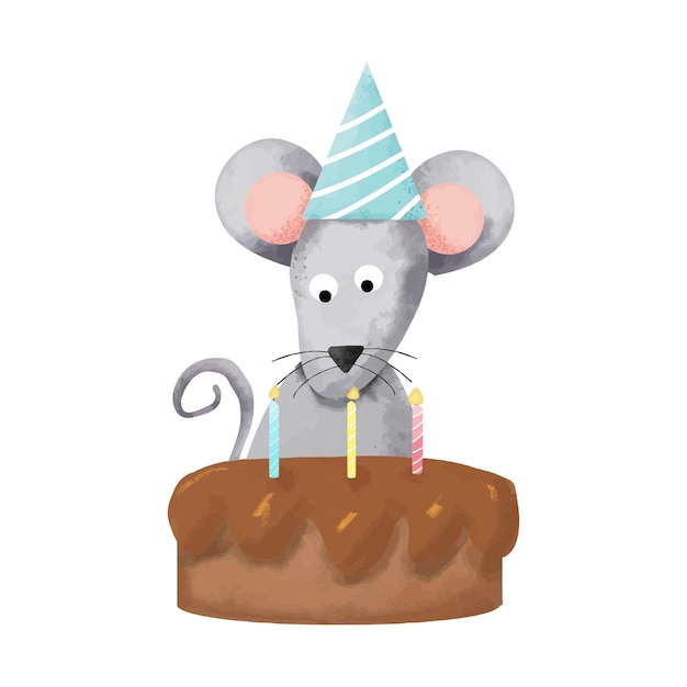 Vettore un topo con un cappello di compleanno su di esso e una torta di compleanno con un capcello di compleamento su di esso