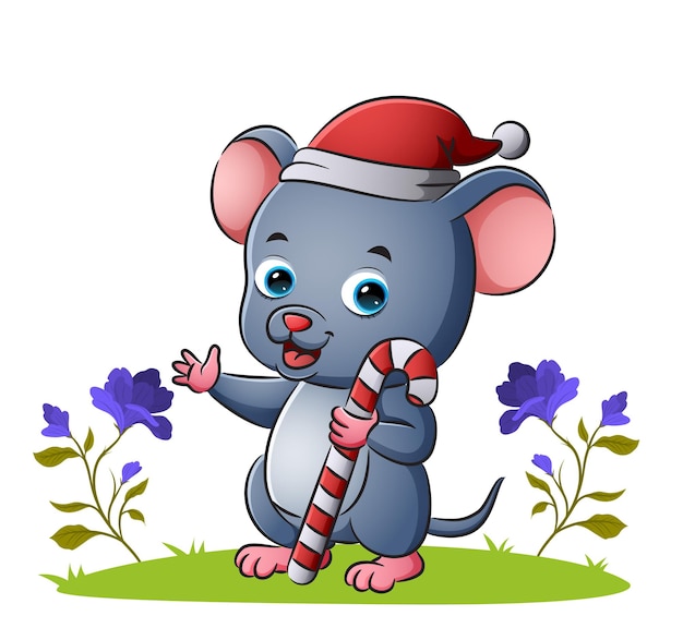 The mouse with santa hat is holding the candy stick of illustration