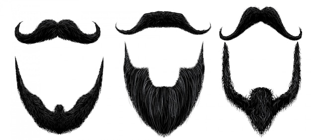 Vector moustache and beard. man beards style, curly moustaches mask and vintage fake mustache isolated set
