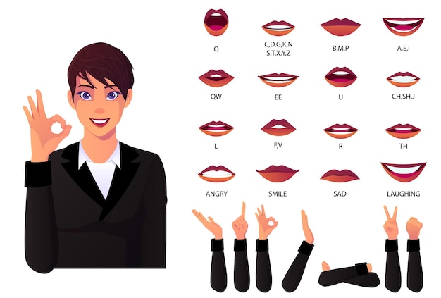 Mouth Animation Set And Lip Sync for Alphabet Businesswoman Pronunciation  Lips Animation with Different Lips Expressions